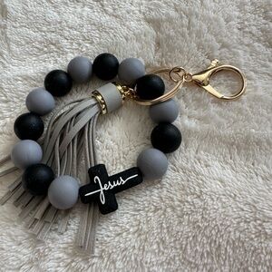 Wristlet Keychain Jesus Cross Tassel Black & Gray Beaded Keychain Bracelet NWT
